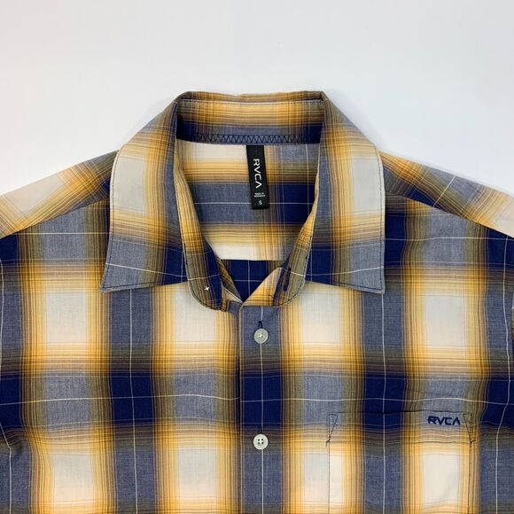RVCA Shirt Mens S Small Yellow Blue Plaid Button Up Short Sleeve Drop Cut Pocket - Picture 3 of 12